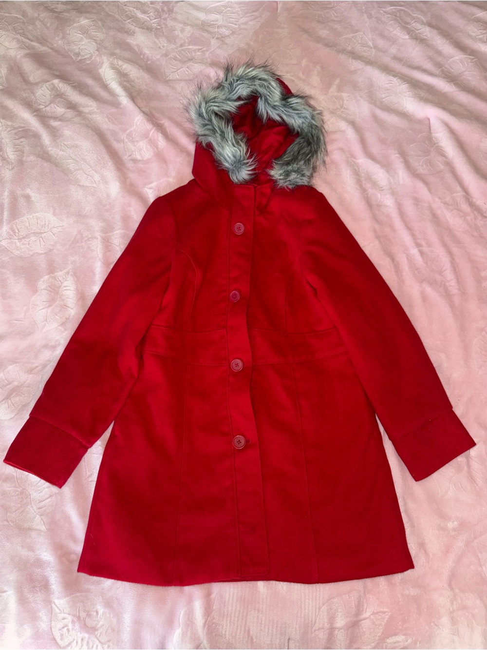 Cat & Jack Red Hooded Pea Coat with Faux Fur Trim